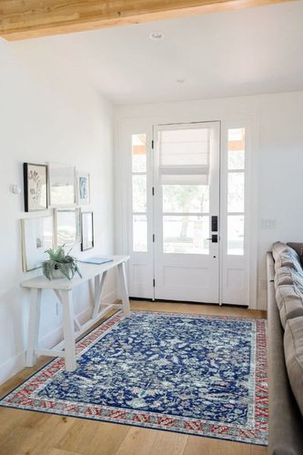 COZYLOOM 5x7 Vintage Bohemian Distressed Rug Oriental Floral Printed Rug Boho Chenille Soft Floor Cover for Living Room Bedroom Non-Slip Low Pile Washable Rug Foldable Thin Blue in White Scandinavian Entryway