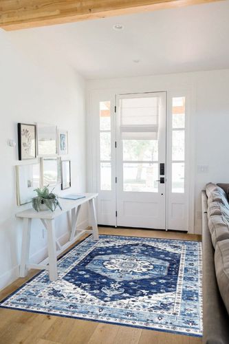 GAOMON Bohemian Washable Area Rug 5x7 Vintage Living Room Rug, Large Non-Slip Boho Bedroom Throw Mat,Blue Floral Printed Non-Shedding Carpet for Dining Room Dorm,Blue in White Scandinavian Entryway