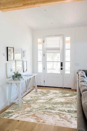 Liverpool Modern Abstract Bedroom Living Room Area Rug - Boho Carpet - Contemporary Bohemian Farmhouse - Green, Brown, Cream, Off White - 5'3" x 7' in White Scandinavian Entryway