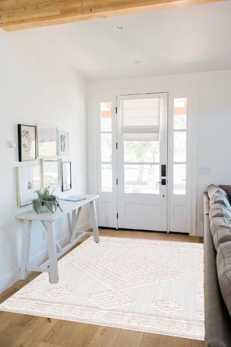 Hauteloom Rosales Farmhouse Living Room Bedroom Modern Moroccan Medallion Area Rug - Soft Shaggy High Low Carpet - High Pile - Bohemian, Boho - White, Beige, Cream - 5'3" X 7' in White Scandinavian Entryway