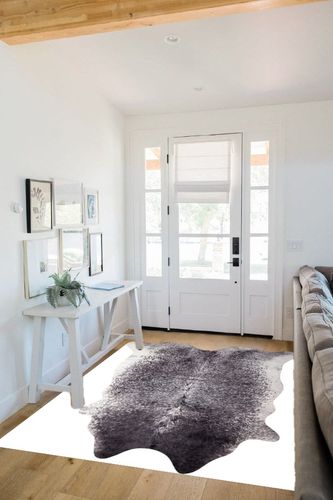 Faux Cowhide Printed (Hairless) Rug 5ft x 6.5ft, Black and White Brindle in White Scandinavian Entryway