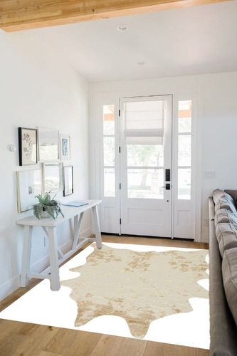 Signature Design by Ashley Jaxith Farmhouse 5 x 7 Medium Pile Cowhide Rug, Ivory & Tan in White Scandinavian Entryway