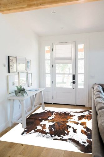 rodeo Genuine Cowhide Rug: Hand-Picked & Authentic Real Cowhide Rug for western Home Decor -TEXAS rug Cow Hide Rug Large Sized at 6x7ft - Rustic rug, Unique, Durable, Leather Cow Carpet Rugs -Tricolor in White Scandinavian Entryway