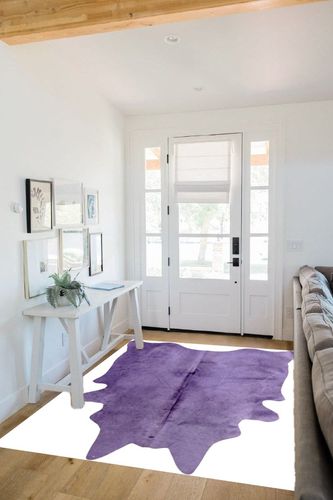 Natural Geneva Cowhide Area Rugs for Living Room and Bedroom | Handmade 100% Cow Rug with Low Pile | Shed-Resistant Home and Office Rug, Purple, 5 ft x 7 ft in White Scandinavian Entryway