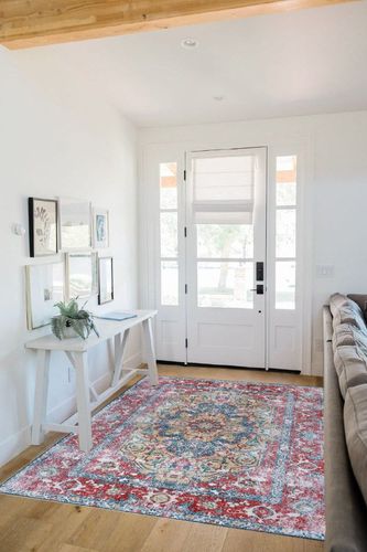 SUPERIOR Washable Indoor Large Area Rug, Soft Home Rugs for Floor Decor, Vintage Boho Chic Throw for Living Spaces. Dining Room, Kitchen, Office, Farmhouse, Tanager Collection, 5' x 7', Red in White Scandinavian Entryway