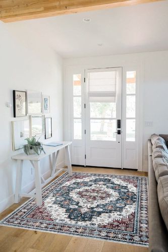 Washable Rug Living Room Rugs: 5x7 Area Rug Large Boho Medallion Distressed Carpets Indoor Soft Floor Anti Slip Carpet for Under Dining Table Bedroom Farmhouse Home Office - Red/Blue in White Scandinavian Entryway