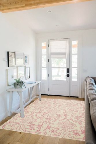 Nourison Jubilant Damask Ivory/Pink 5'3" x 7'3" Area -Rug, Easy -Cleaning, Non Shedding, Bed Room, Living Room, Dining Room, Kitchen (5x7) in White Scandinavian Entryway