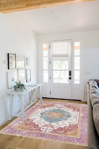 Poeti 5x7 Area Rugs, Ultra Soft Washable Rug, Stain Resistant Rugs for Living Room, Non Slip Backing, Boho Rug Distressed Medallion (Pink, 5x7 Feet) in White Scandinavian Entryway