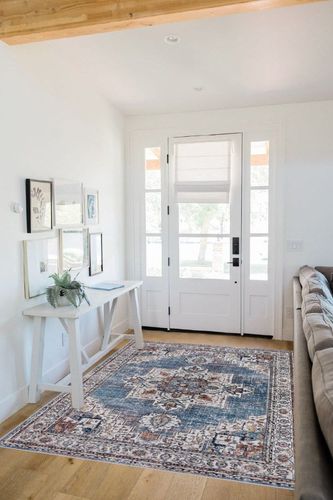 Area Rugs for Living Room: 5x7 Rug for Bedroom Machine Washable with Non Slip Backing Non Shedding, Boho Medallion Floral Large Carpet for Dining Room Nursery Home Office Indoor Decor Blue/Brown in White Scandinavian Entryway