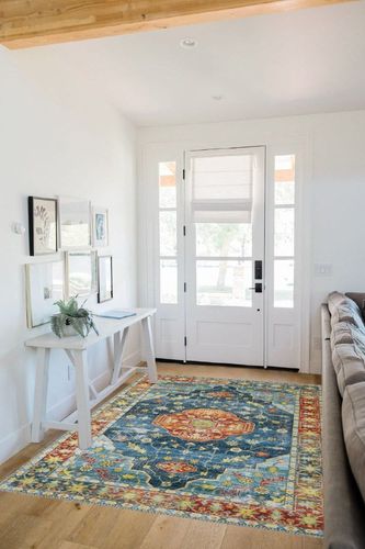 JOLENE.K Washable Rugs for Living Room 5x7 Area Rugs Boho Rug Non Slip Bedroom Decor Vintage Oriental Rug Indoor Rug Mat Stain Resistant Throw Rug Dining Home Office Nurery, Blue/Orange in White Scandinavian Entryway