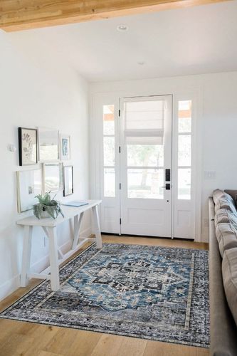 COZYLOOM 5x7 Vintage Medallion Distressed Rug Oriental Floral Printed Rug Boho Chenille Soft Floor Cover for Living Room Bedroom Non-Slip Low Pile Washable Rug Foldable Thin Blue/Black in White Scandinavian Entryway