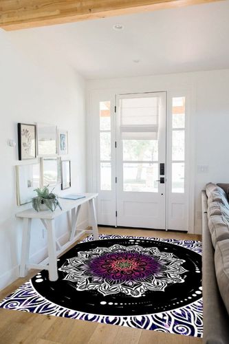 Boho Mandala Area Rug, 5x7ft, Anti-Slip Carpet with Mandala Design Covering The Whole Screen Indoor Outdoor Bohemian Collection Rugs for Bedroom Living Room Office, Multicolor White Black Purple in White Scandinavian Entryway