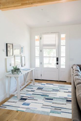 COZYLOOM Modern Geometric Rug 5x7 Contemporary Distressed Area Rug Low Pile Non-Shedding Living Room Rug Indoor Floor Cover Bedroom Home Office Dorm Dining Room Throw Carpet Non Slip Thin Blue/Green in White Scandinavian Entryway