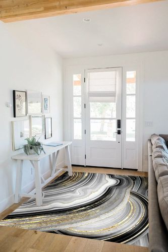 Black Grey Gold Marble Swirl Modern Abstract Area Rug for Living Room Bedroom Diningroom Washable Soft Art Decor Indoor Outdoor Home Office Carpet Floor Rug 5x7 in White Scandinavian Entryway