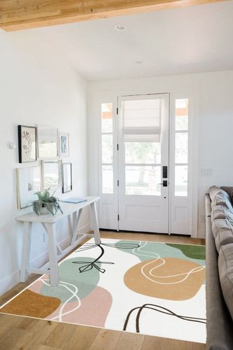 Wonnitar Boho Art 5x7 Area Rug,Modern Abstract Washable Living Room Rug,Minimalist Aesthetic Non-Slip Throw Rug for Bedroom,Non-Shedding Mid Century Floor Carpet for Dorm Den Bathroom,Pink/Green in White Scandinavian Entryway