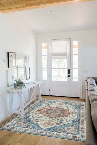 Gertmenian Boho Area Rug, 5x7 Standard, Home Decor for Entryway, Bedroom, Living Room, Office, Kitchen, Non Slip, Soft, Low-Pile, Printed Indoor Accent Rugs, Center Medallion, Soha Blue, 25047 in White Scandinavian Entryway