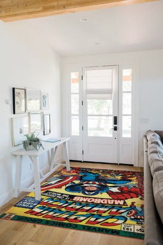 AB 4'6x6'6 Kids Blue Red White Captain America Area Rug Rectangle Shaped, Indoor Yellow Marvel Comics Carpet for Bedroom Superhero Floor Mat Avengers Shield Hero USA Cartoon Graphic, Polyester in White Scandinavian Entryway