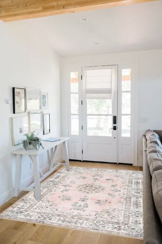 Lahome Boho Machine Washable 5x7 Area Rug,Soft Large Pink Boho Living Room Rug for Bedroom Girls Nursery Mat,Ultra-Thin Non-Slip Playroom Dining Carpet for Home Door Office Kid Room, Peach in White Scandinavian Entryway