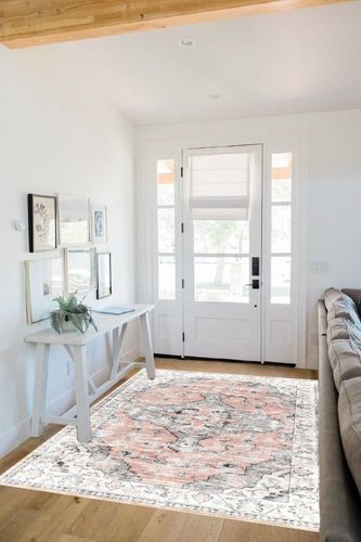 Pajata Pink Vintage 5X7 Area Rug Soft Fluffy Pile Carpet, Stain Resistant Faux Wool Soft Fuzzy Machine Washable Rug, Boho Chic Low-Pile Floral Carpet for Bedroom Kitchen Living Room in White Scandinavian Entryway