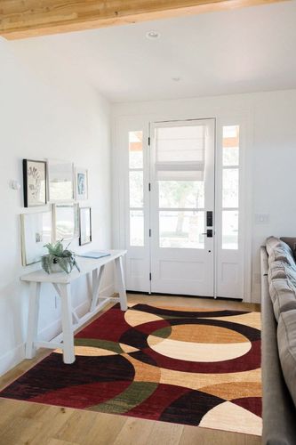 Well Woven Casual Modern Styling Shapes Circles Area Rug 5x7 (5'3" x 7'3'') Multi Color Red Black Beige Thick Soft Pile Easy Care Pile Suitable high Traffic Areas in White Scandinavian Entryway