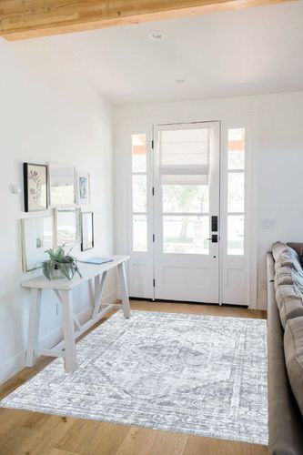 BRICHOEE Vintage Machine Washable Area Rug 5x7 Silver Gray Low-Pile Indoor Floral Print Carpet Non Slip Printed Persian Boho Rug for Living Room in White Scandinavian Entryway