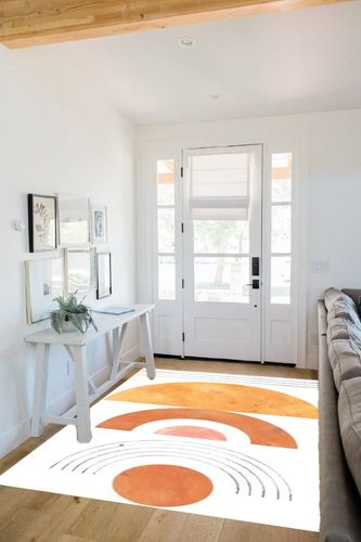 MeganJDesigns White Orange Mid-Century Modern Minimalist Wool Area Rug 5x7 Washable Soft Country Rustic Rug for Living Room Bedroom Dining Room Indoor Art Deco Home Office Plush Throw Rug in White Scandinavian Entryway