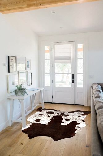 Quenlife Cowhide Rug for Living Room, Soft Cow Print Rug Cute Cow Rug for Bedroom, Cow Hide Rug Faux Animal Rug for Western Home Theme Room Decor, White and Browm, 5.2 x 6.2 ft in White Scandinavian Entryway