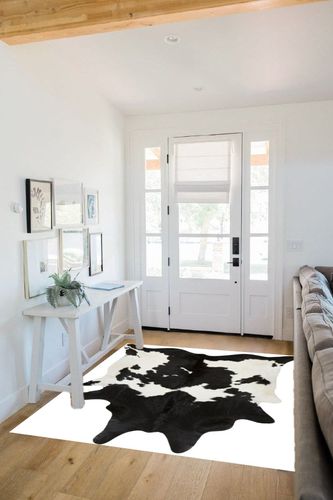 Black and White Cowhide Rug | Natural Cow Skin Cow Hide Leather Area Rug Hair On, 5 ft X 6 ft Premium Black White Shed Free Natural Hide in White Scandinavian Entryway