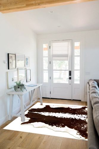 Genuine Cowhide Rug Hereford Black White Animal Skin Leather Cowhide Rug Real Cowskin Area Rug (Design 3, 5x6) in White Scandinavian Entryway