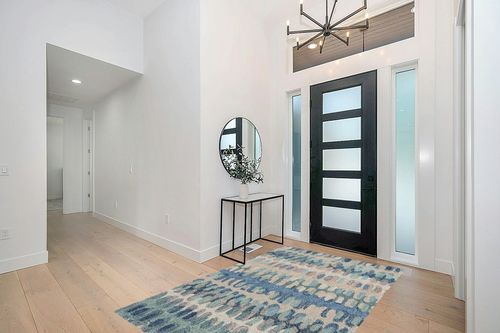 Dash and Albert Paint Chip Blue Hand Micro Hooked Wool Rug, 5 X 8 Feet, Blue/Green Geometric Pattern in Modern White Entryway