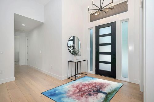 DNOVING Large Non-Slip Area Rug 5x7ft Washable Fluffy Rug, Cherry Blossom Tree Design, Rubber Backing, Pink and White Petals on Blue Sky in Modern White Entryway
