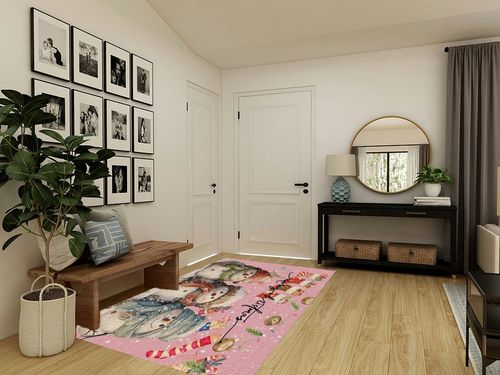 OComster Pink Christmas Rectangle Shape Large Area Rugs - 5 x 8 Feet Xmas Stocking Snowman Winter Snowflake - (Non-Woven + Rubber) Low File Floor Mat in Transitional Minimalistic Entryway