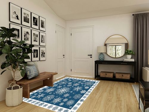 Christmas Area Rug 5 x 8, Washable Bedroom Rug Non-Slip Kitchen Rugs Non Shedding Floor Cover Mat Runner Rug for Living Room Dining Room Outdoor Carpet Seasonal Blue Snowflakes Winter Xmas in Transitional Minimalistic Entryway