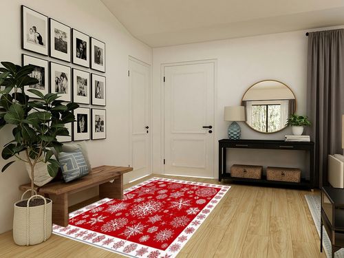Christmas Area Rug 5 x 8, Washable Bedroom Rug Non-Slip Kitchen Rugs Non Shedding Floor Cover Mat Runner Rug for Living Room Dining Room Outdoor Carpet Seasonal Red Snowflakes Winter Xmas in Transitional Minimalistic Entryway