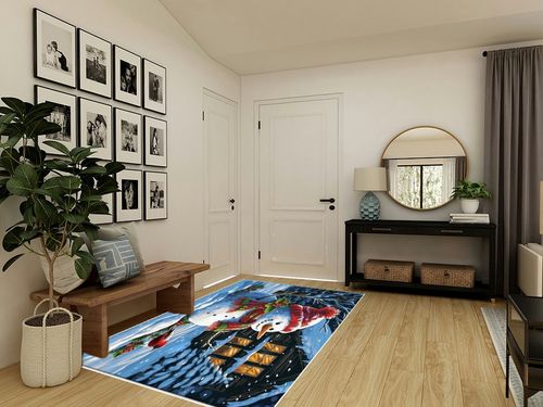 OComster Christmas Rectangle Shape Large Area Rugs - 5 x 8 Feet Xmas Snowman Red Bird Snowfield Farmhouse Winter - (Non-Woven + Rubber) Low File Floor Mat in Transitional Minimalistic Entryway