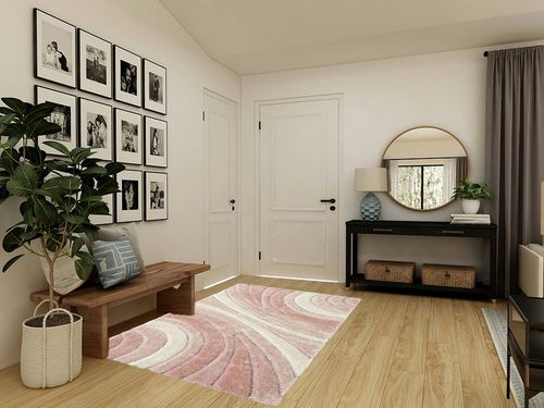Koo Geometric Pink Area Rug Orren Ellis Rug Size: Rectangle 5' x 7' in Transitional Minimalistic Entryway
