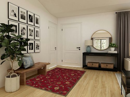 Machine Washable Floral Leaves Design Non-Slip Rubberback 5x7 Traditional Area Rug for Living Room, Bedroom, Kitchen, 5' x 6'6", Red in Transitional Minimalistic Entryway
