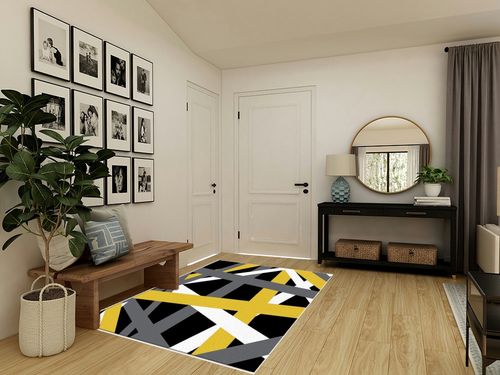 Large Area Rug, Yellow Black Grey Geometric Non-Slip Indoor Accent Area Carpet, Modern White Abstract Art Striped Fluffy Shaggy Runner Rug for Living Room, Bedroom, Kids Room, 5'x 7' in Transitional Minimalistic Entryway