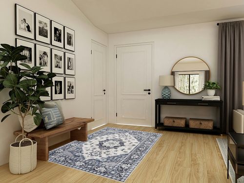 Area Rug Living Room Rugs: 5x7 Large Machine Washable Boho Carpet Vintage Medallion Floral Indoor Non Slip Decor Carpets for Under Dining Table Bedroom Farmhouse Nursery Home Office Blue in Transitional Minimalistic Entryway