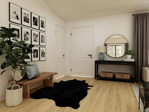 Faux Fur Cowhide Rugs (5 * 7 ft), Machine Washable Cow Print Area Carpet Black Color with Non-Slip Suede Backing, Durable & No Shedding in Transitional Minimalistic Entryway