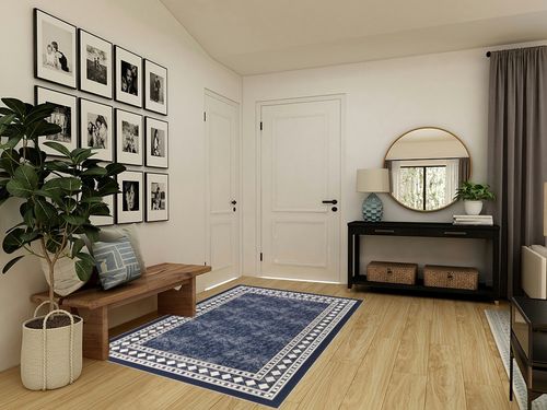 Antep Rugs Alfombras Modern Bordered 5x7 Non-Skid (Non-Slip) Low Profile Pile Rubber Backing Indoor Area Rugs (Navy Blue, 5' x 7') in Transitional Minimalistic Entryway