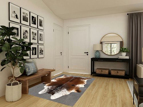 Large Cowhide Rug Tricolor Cowhide Cow Skin Leather Area Rug, Hair On Cow Hide Rugs 5 X 7 ft Black, Brown and White in Transitional Minimalistic Entryway