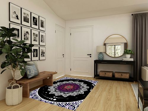 Boho Mandala Area Rug, 5x7ft, Anti-Slip Carpet with Mandala Design Covering The Whole Screen Indoor Outdoor Bohemian Collection Rugs for Bedroom Living Room Office, Multicolor White Black Purple in Transitional Minimalistic Entryway