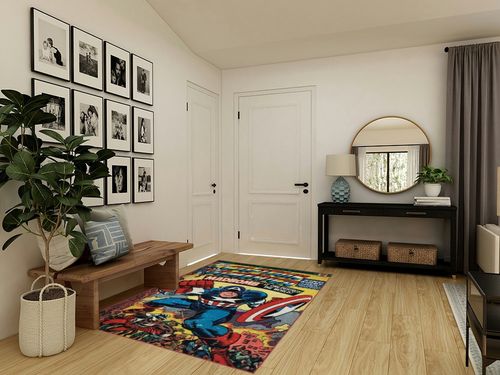 AB 4'6x6'6 Kids Blue Red White Captain America Area Rug Rectangle Shaped, Indoor Yellow Marvel Comics Carpet for Bedroom Superhero Floor Mat Avengers Shield Hero USA Cartoon Graphic, Polyester in Transitional Minimalistic Entryway