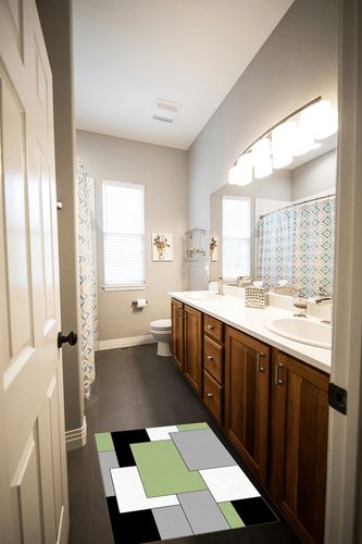 Green Black Geometric Area Rugs in Wooden and Grey Bathroom