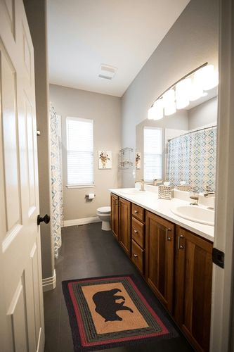 VHC Brands Wyatt Stenciled Bear Jute Rug Rect w/Pad 20x30 in Wooden and Grey Bathroom