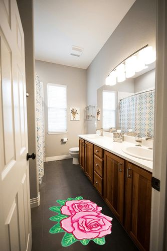 Pink Rose Bathroom Rugs Cute Flower Shaped Bath Mat Green Leaf Decor Bath Rug Non Slip Floor Door Carpet Microfiber Bathmat Absorbent Washable Bathtub Mats for Shower Tub for Bathroom 25.6" x 25.6'' in Wooden and Grey Bathroom