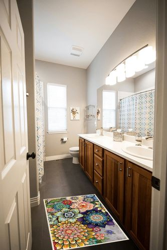 Boho Floral Entryway Area Rug 2x3 Small Throw Rug Colorful Flowers Vintage Non Slip Washable Mat for Floor Carpet Bedroom Dorm Bathroom Laundry Room Living Room Decor in Wooden and Grey Bathroom