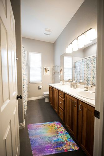 Britimes Bath Mats for Bathroom, Bathroom Mats Rugs No Silp, Colorful Purple Flower Washable Cover Floor Rug Carpets Floor Mat Bathroom Decorations 18x30 Inches for Kitchen Bedroom Indoor in Wooden and Grey Bathroom