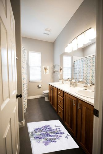 Plush Rug Non Slip Bath Mat, Purple Lavender Flowers Ink Painting, Soft Shaggy Long Fur Fuzzy Bath Rugs 18 x 30 Inch, Carpet Mat for Bathroom Shower Home Floral Dragonfly in Wooden and Grey Bathroom